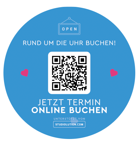 Ein Beispiel des QR-Code-Aufklebers für die Online Terminbuchung in eurem Salon.