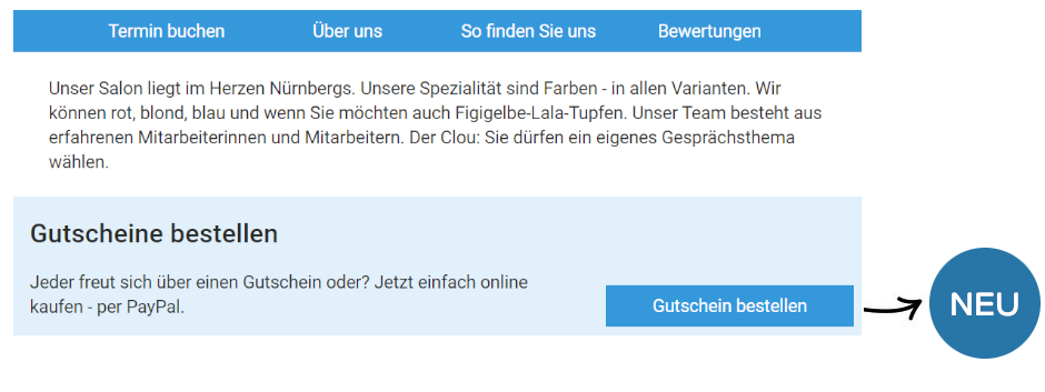 Die Gutschein Bestellung ist ein neuer Bereich auf eurer Online Terminbuchungsseite.