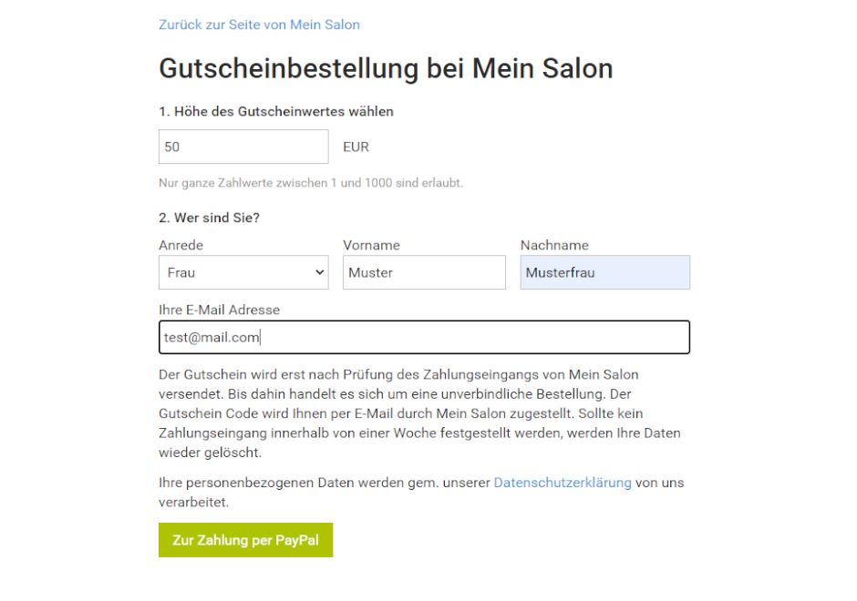 Eure Kunden können einen beliebigen Gutscheinwert in studiobookr eingeben.