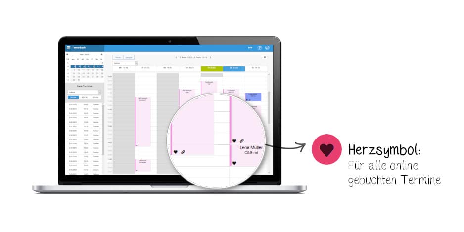 Das Herzsymbol für Online Buchungen zeigt im Terminbuch alle online gebuchten Termine an.