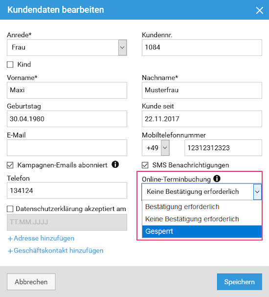 Ihr könnt einzelne Kunden für die Online Terminbuchung sperren.