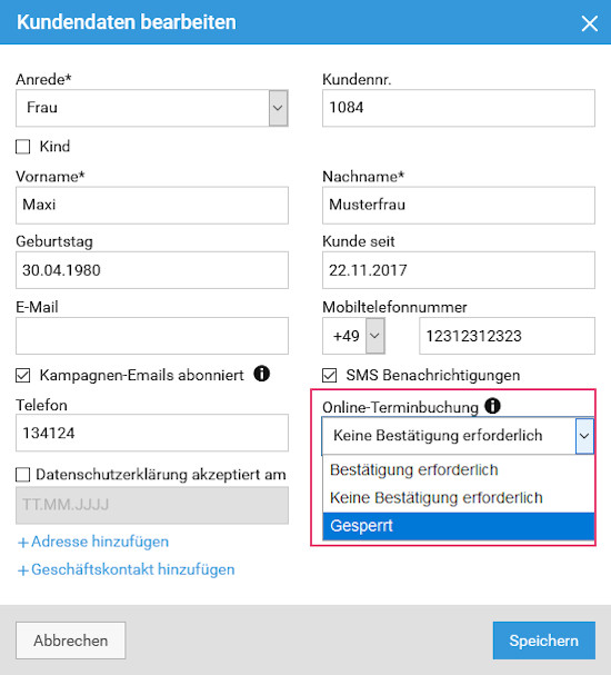 Ihr könnt einzelne Kunden für die Online Terminbuchung sperren.